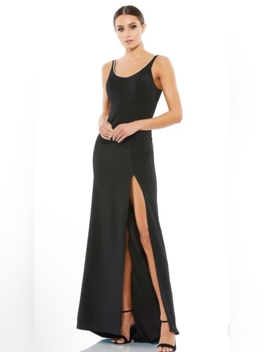 Mac Duggal Black Scoop-Neck Sleeveless Gown with High Side Slit